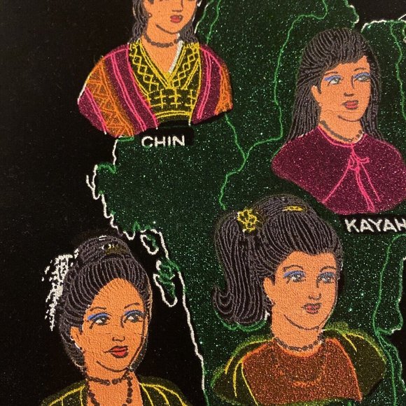 Vintage Black Velvet Wall Hanging Golden Myanmar Asian Tapestry Scroll Art - Picture 3 of 4